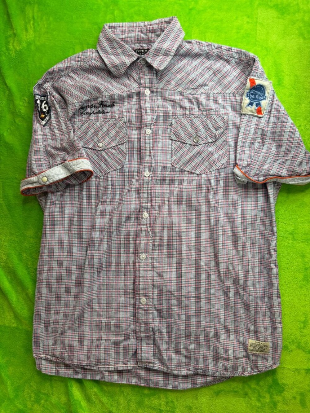 Red Snap Western Plaid Shirt Sz XL Rodeo Patches Quarter Finals